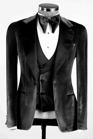 Black Peak Collar Velvet Three Piece Wedding Suit ｜ Prom Three Piece Suit_1