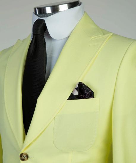 Light Yellow Pointed Collar Three Piece Men Business Suit_4