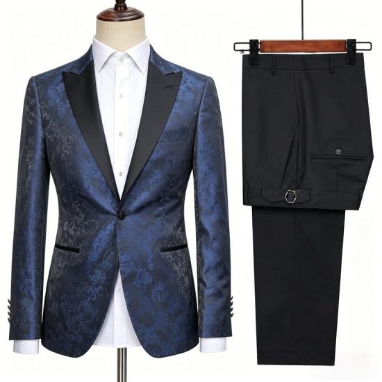 Dark Blue Jacquard Peak Lapel Men Tuxedo Jacket Slim Fit Formal Blazer_4