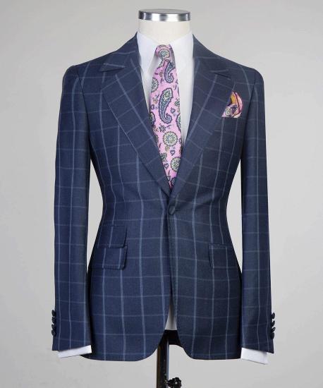 Stylish Navy Plaid Slim Fit Tailored Men Suit For Business_5