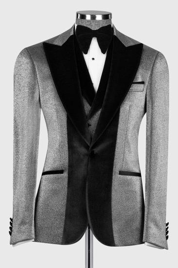 Grey Jacquard Wedding Suit with Black Velvet Groom Three Piece Suit_1