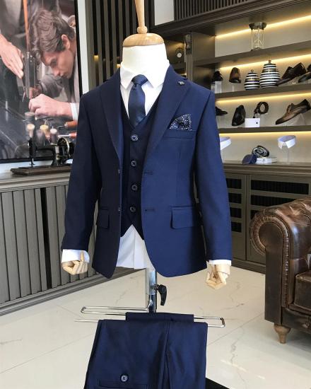 Navy Blue Slim Fit Lapel Jacket Trousers Children Suit | Boys Single Breasted Three Piece Suit_2