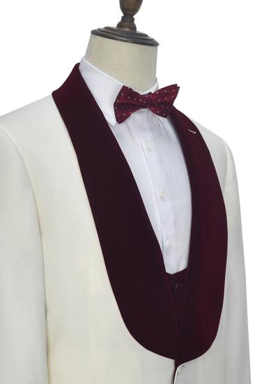 Velvet Shawl Collar White Wedding Tuxedo |  Burgundy Tank Top Three Piece Wedding Suit_6