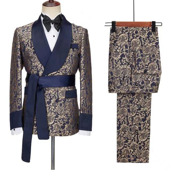 Navy Blue Men Robe Suit Shawl Two Piece Set | Belted Banquet Suit_2