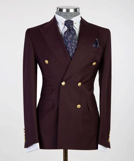 Fashionable pointed lapel burgundy double breasted men's suit_4