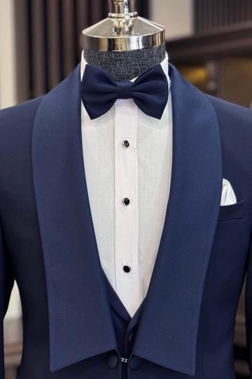 Italian Style Navy Blue Modern Slim Fit Shawl Collar Jacket Vest Trousers Groom Suit_4